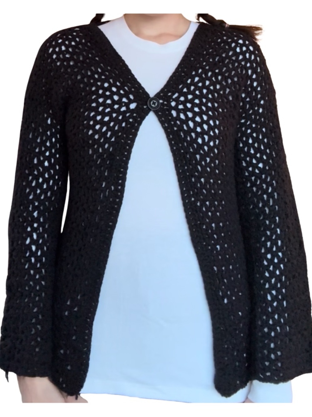 Black Open-Knit Button-Front Women's Sweater Cardigan